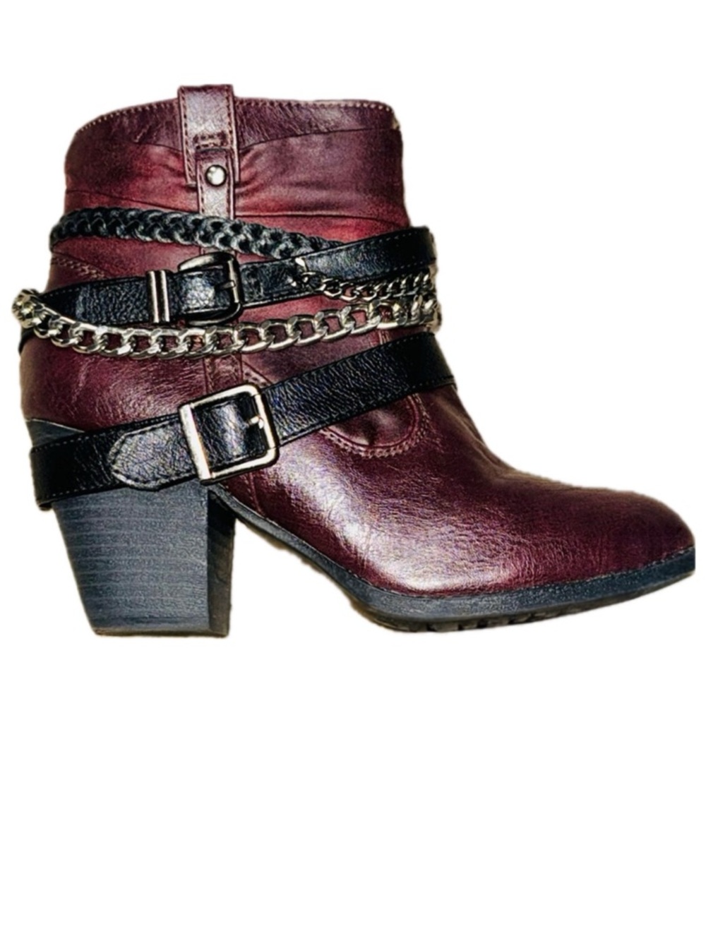 🥾⛓ BUCKLE BKE‎ Petra Burgundy Y2K Chain Biker Boots | Women’s US 6.5M